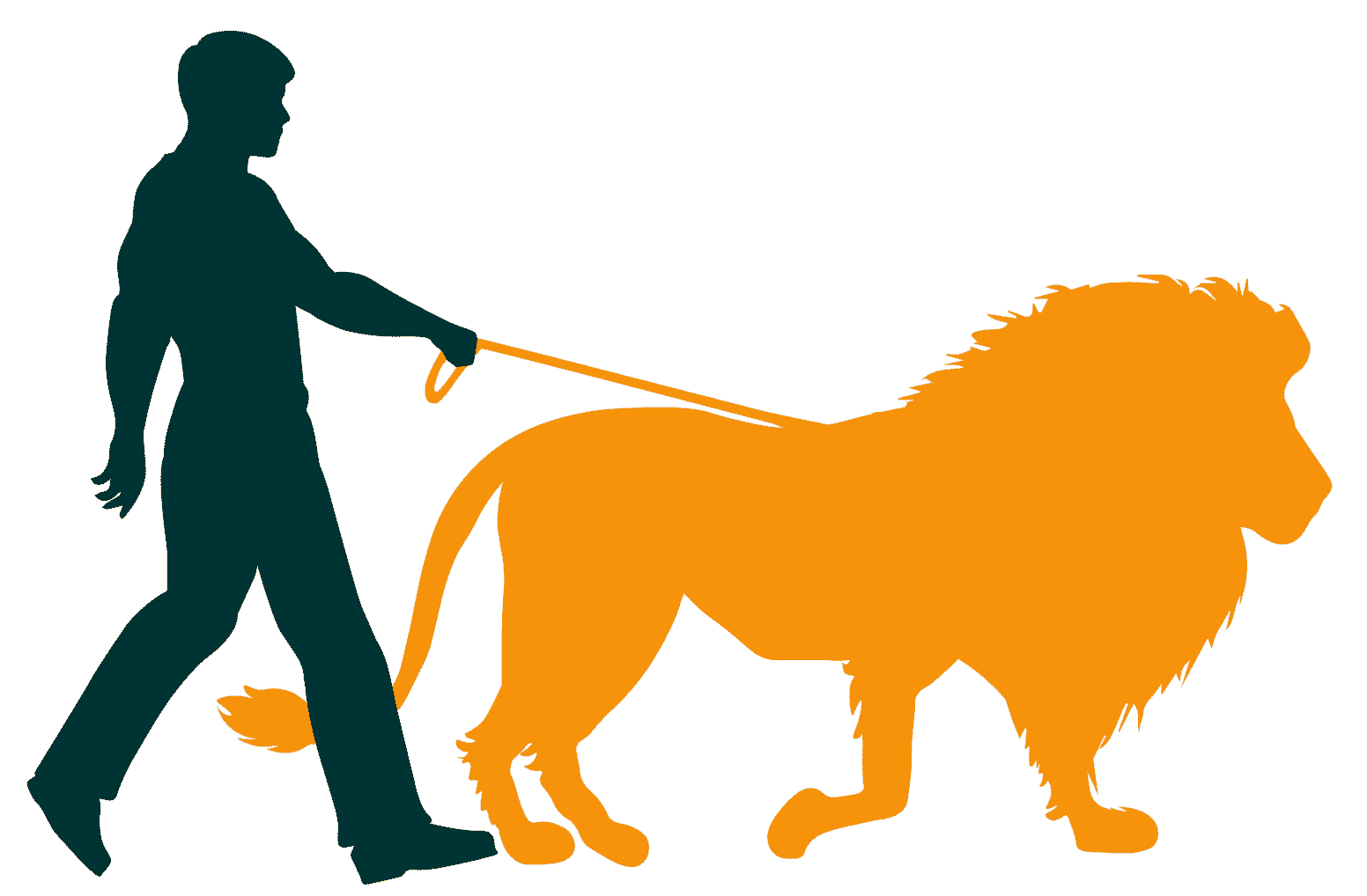 Stressdompteur mit Löwe an der Leine